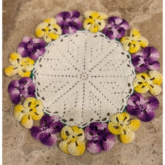 Handmade Crochet Doilies Set Of 2 With Floral Patterns In Blue/White/Green & Pur - Picture 6 of 7